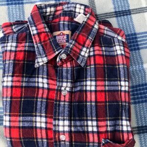Mens‎ American Edition Plaid Flannel Shirt Long Sleeve Casual Button Up Red Navy
